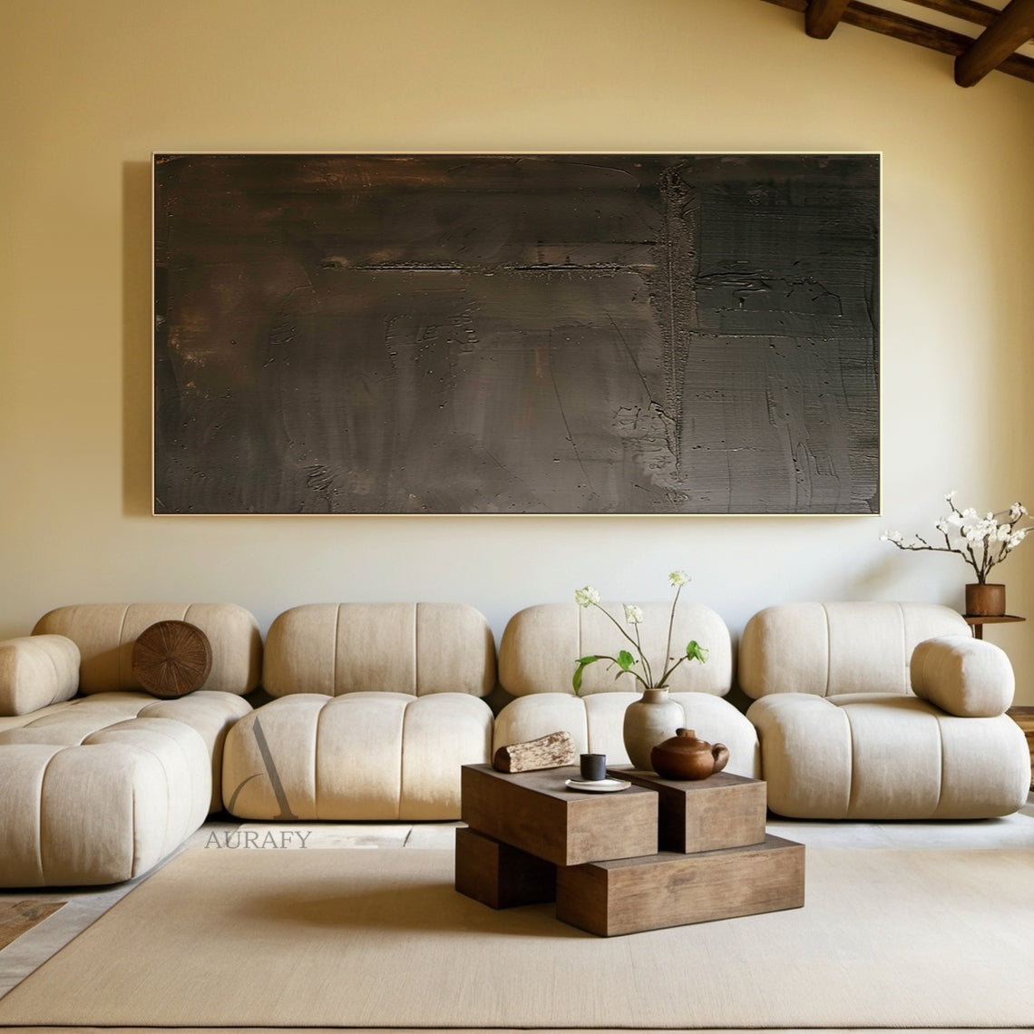 Deep Brown Tonal Abstract Wall Art with Rough Intersecting Lines - AURA829