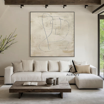 Minimalist Beige Plaster Textured Line Art Japandi Abstract Neutral Wall Decor Modern Organic Canvas Artwork AURA542