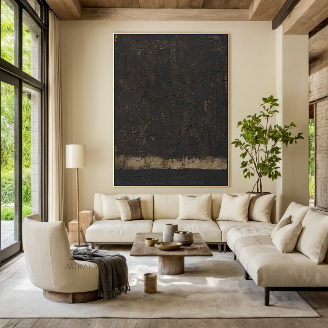Wabi Sabi Black Abstract Cracked Textured Japandi Canvas Wall Art Minimalist Luxe Neutral Decor AURA796