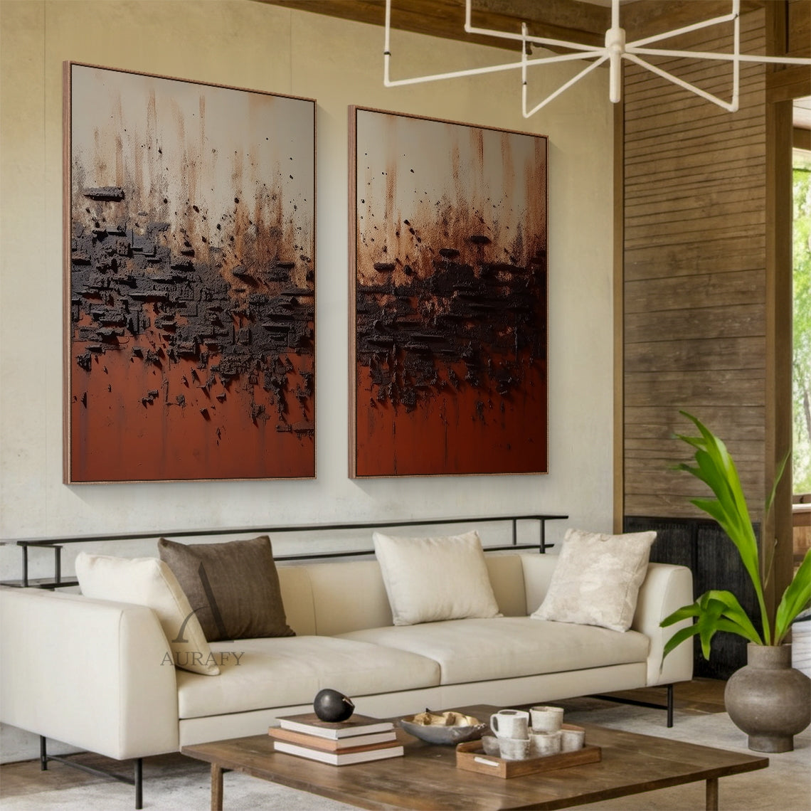 Wabi Sabi Plaster Textured Red Brown Two Piece Sculpted Canvas Painting Minimalist Luxe Wall Art AURA794