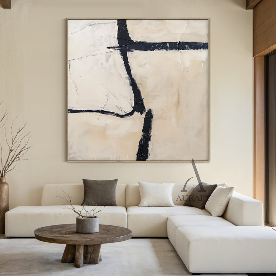General Abstract Black Beige Tactile Canvas Art with Impasto Brush Strokes Minimalist Luxe AURA506