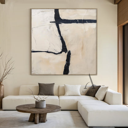 General Abstract Black Beige Tactile Canvas Art with Impasto Brush Strokes Minimalist Luxe AURA506