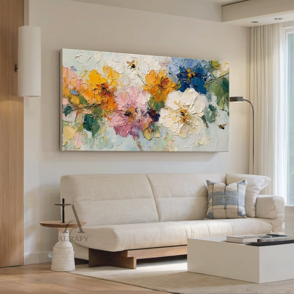 3D Impasto Textured Painting Colorful Floral Bouquet with Bees Tactile Surface Artwork AURA447
