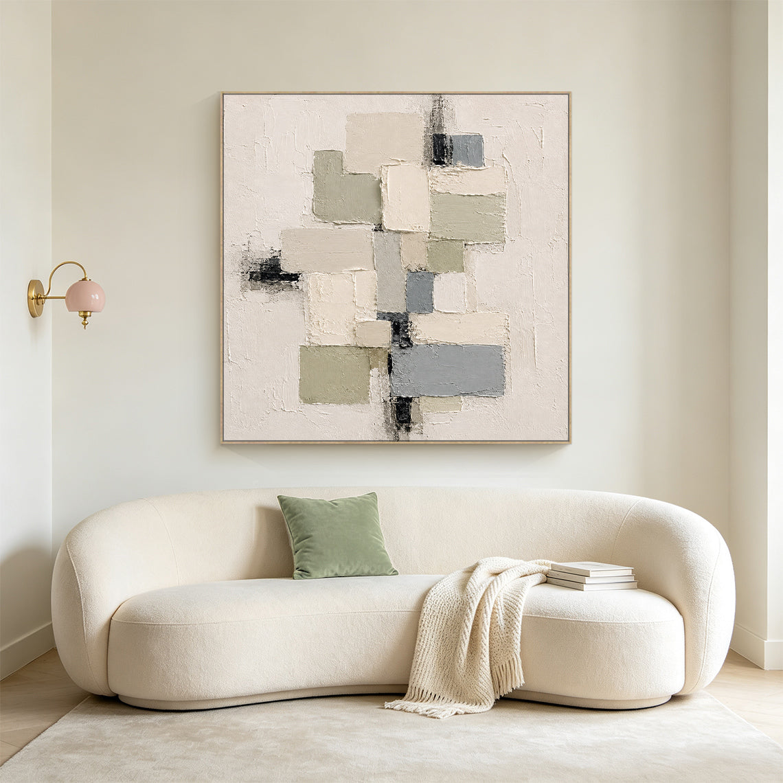 3D Textured Plaster Painting Wabi-Sabi Japandi Geometric Green Beige Knife Stroke Sculpted Canvas Wall Decor AURA753
