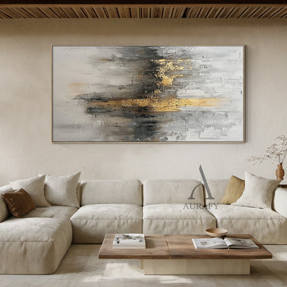Abstract Gray White Gold Art with Knife Strokes Tactile Sculpted Minimalist Luxe Canvas AURA497