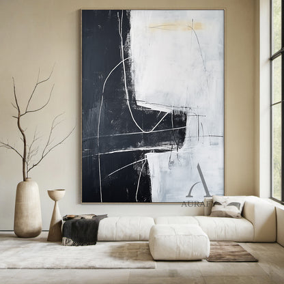 Black White Abstract Art with Rough Brushstrokes Geometric Blocks Organic Lines Tactile Surface AURA492