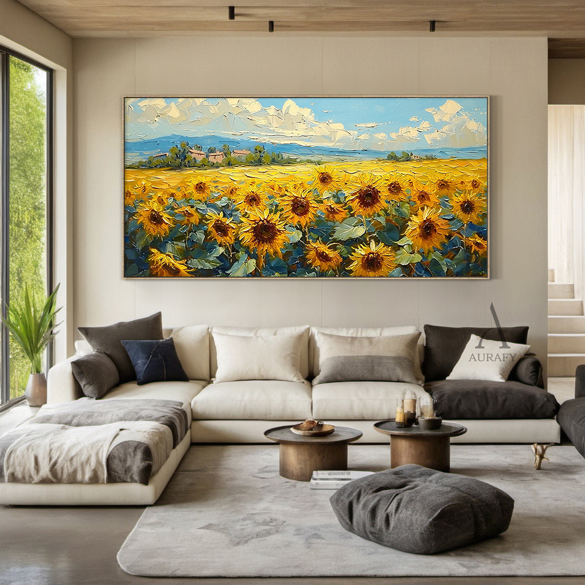 Yellow Sunflower Landscape Impasto Oil Painting Tactile Knife Strokes Rural Countryside Distant Mountains Blue Sky AURA419