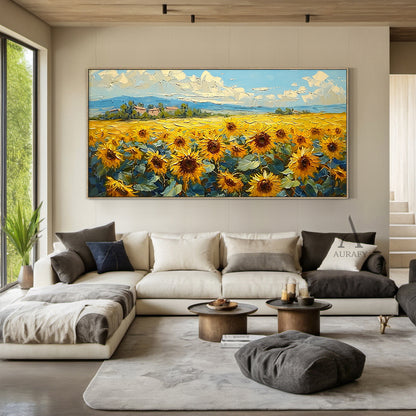 Yellow Sunflower Landscape Impasto Oil Painting Tactile Knife Strokes Rural Countryside Distant Mountains Blue Sky AURA419