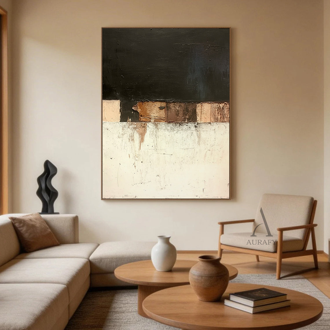 Abstract Black Beige Wall Art for Modern Living Room Decor AURA361