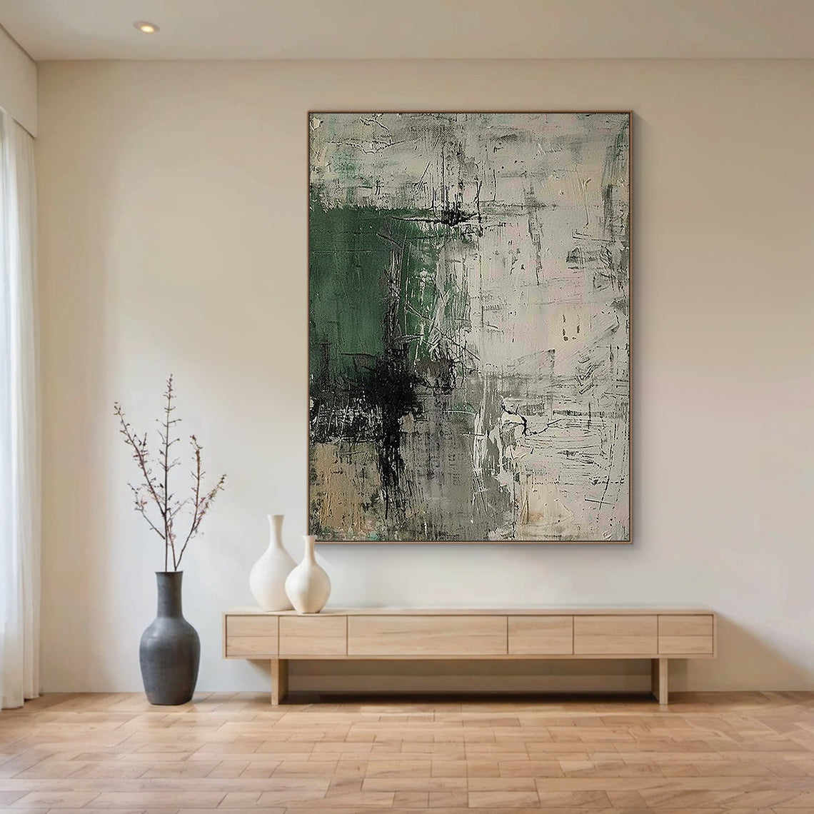 Abstract Minimalist Wall Art – Forest Green & Neutral Grays – AURA021(Vertical)