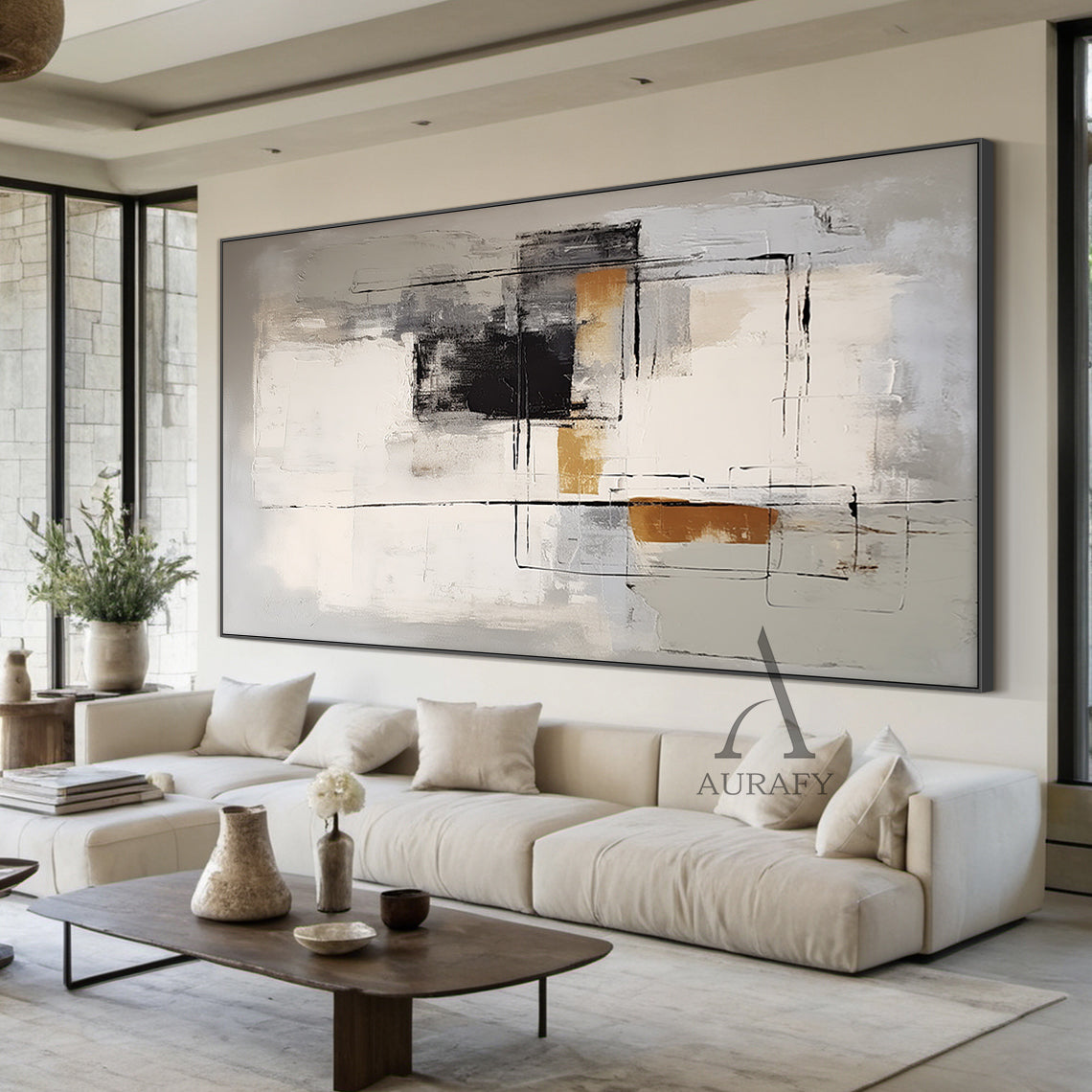 General Abstract Art Gray White Black Hand-painted Oil Brush Stroke Minimalist Luxe Wall Decor AURA486