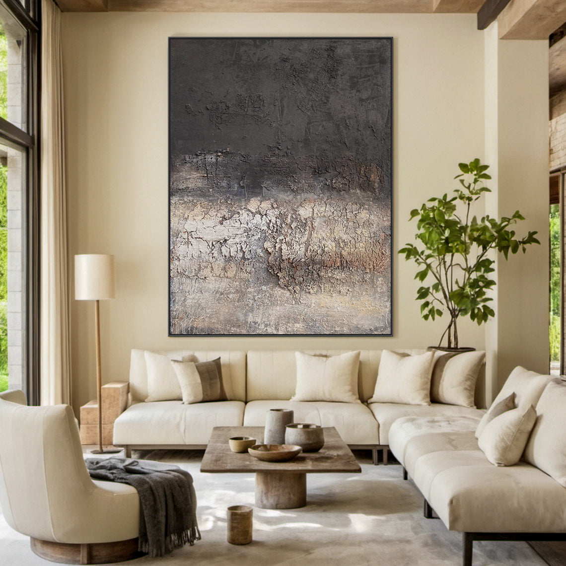 Eroded Calm a Charcoal Beige Textured Wall Art-AURA071