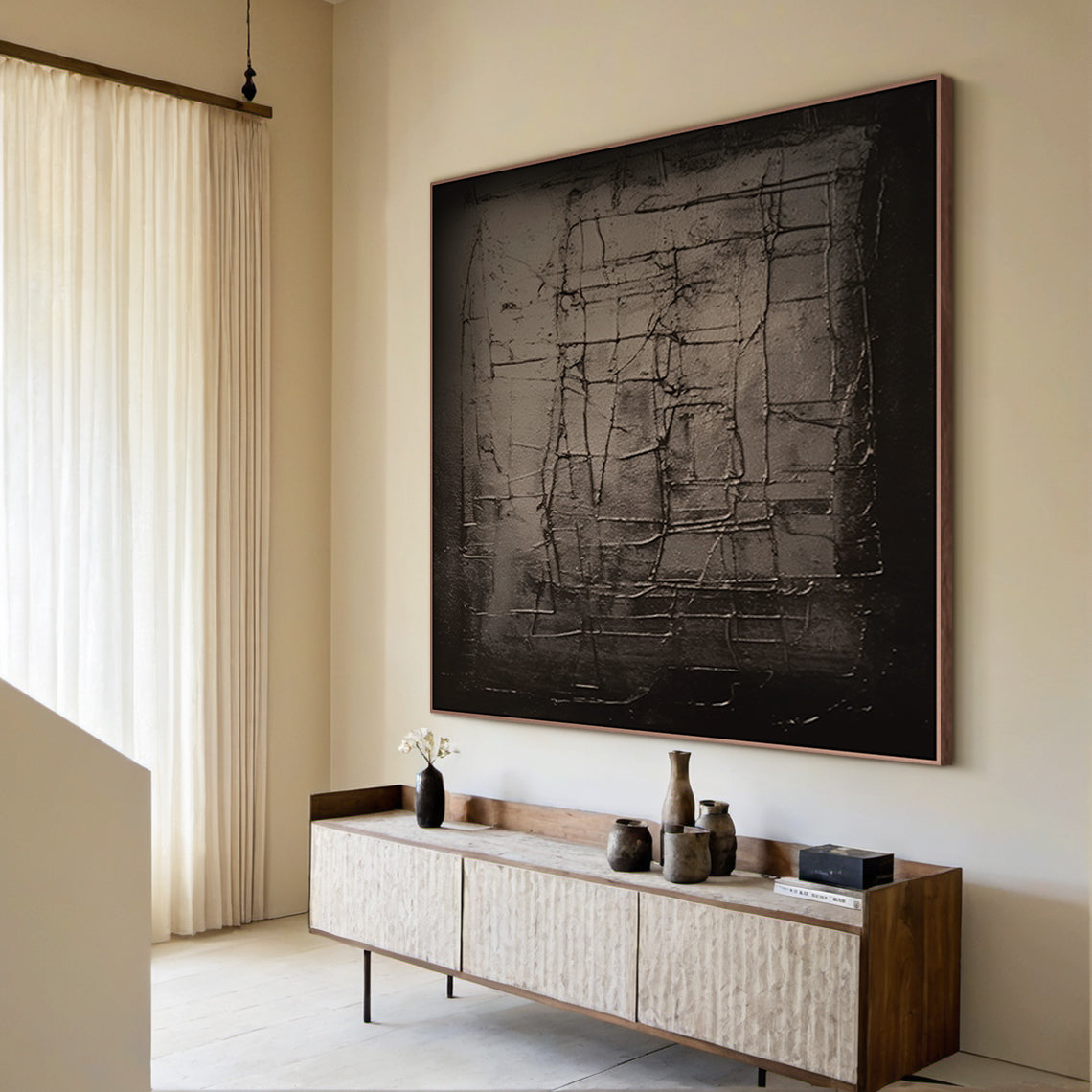 Textural Grid Painting – Deep Charcoal Canvas – AURA019(Horizontal)