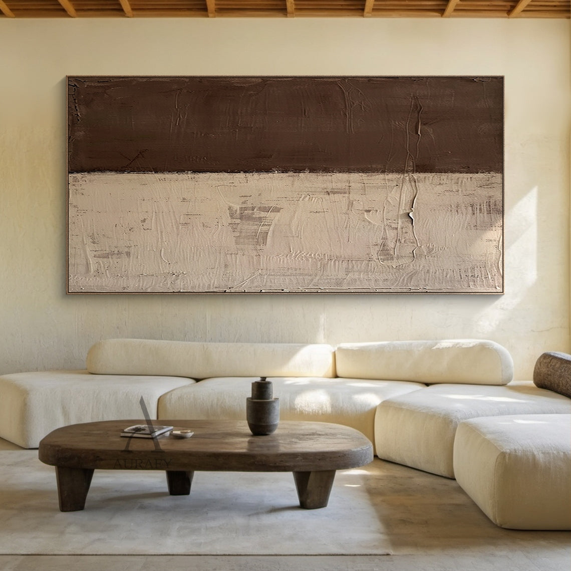 Brown & Beige Two-Tone Textured Abstract Wall Art | Wabi Sabi Japandi Minimalist Canvas | AURA810
