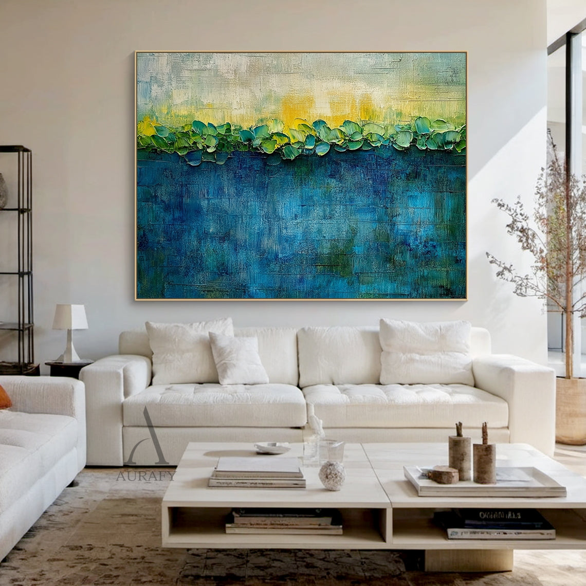 3D Textured Blue Green Impasto Art Sculpted Plant Forms Tactile Canvas Knife Strokes AURA436
