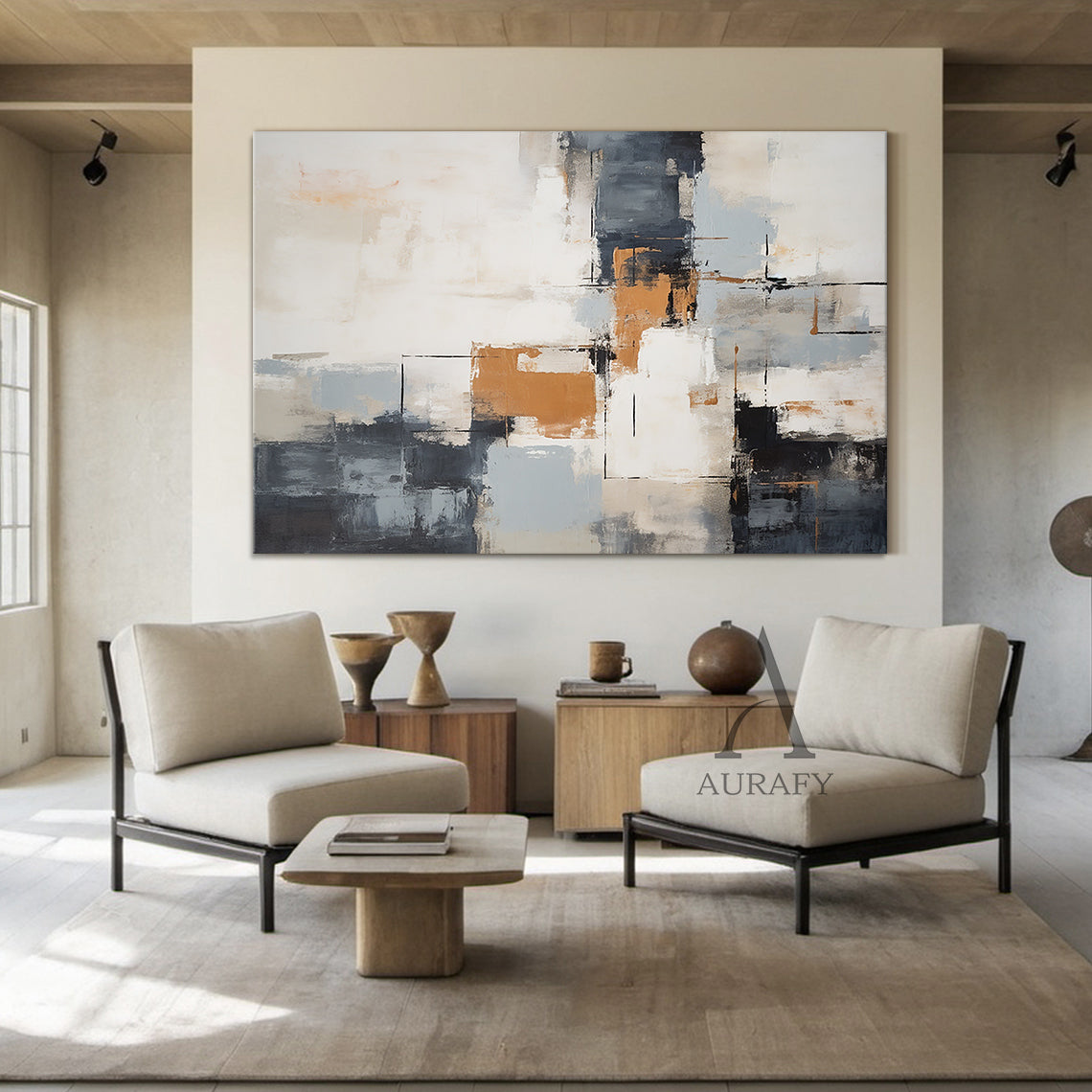 Abstract Geometric Wall Art Tactile Brushstroke Texture Warm Orange Neutral Palette Minimalist Luxe AURA496