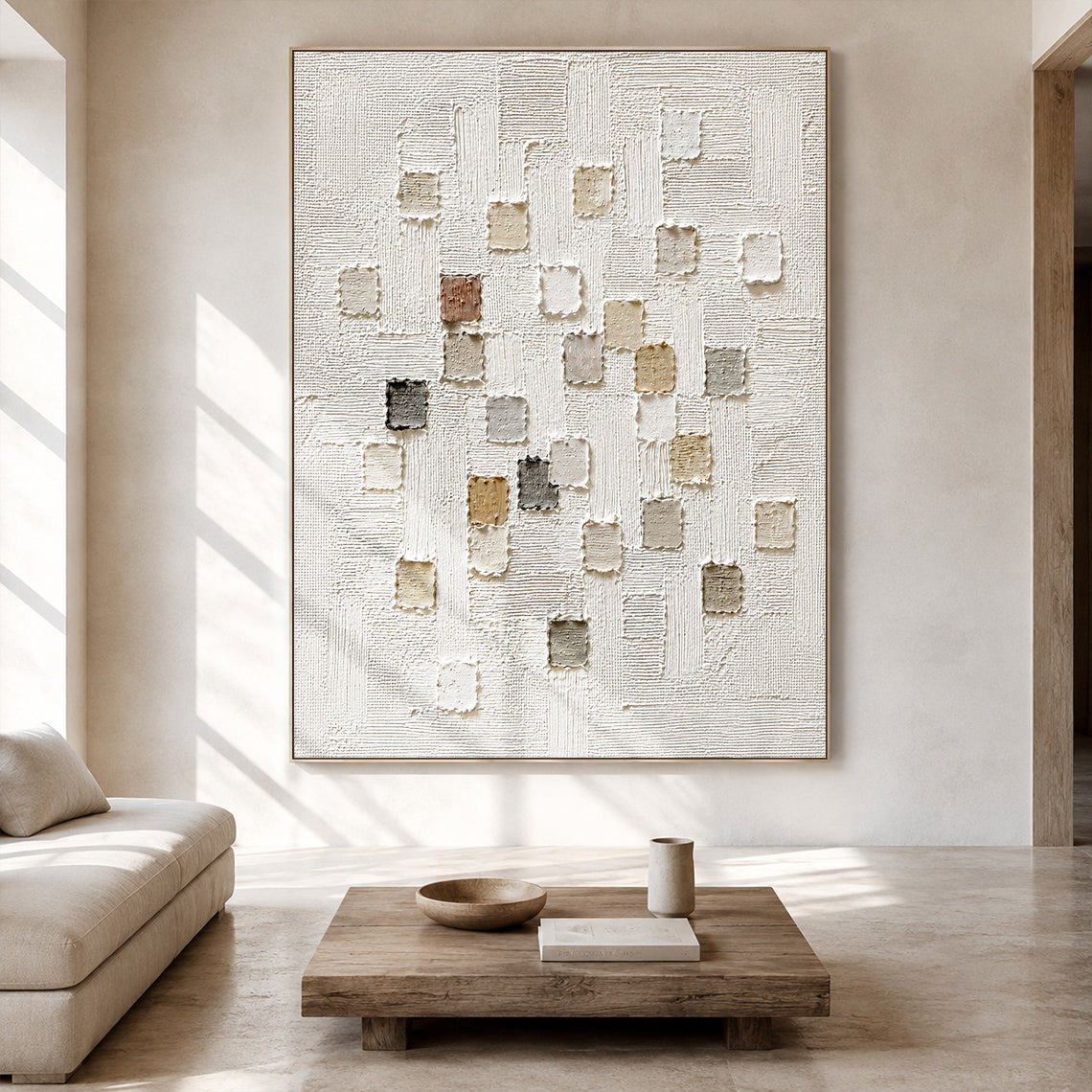 3D Textured White Plaster Japandi Wabi-Sabi Tactile Sculpted Canvas Knife Stroke Neutral Minimalist Wall Art AURA767