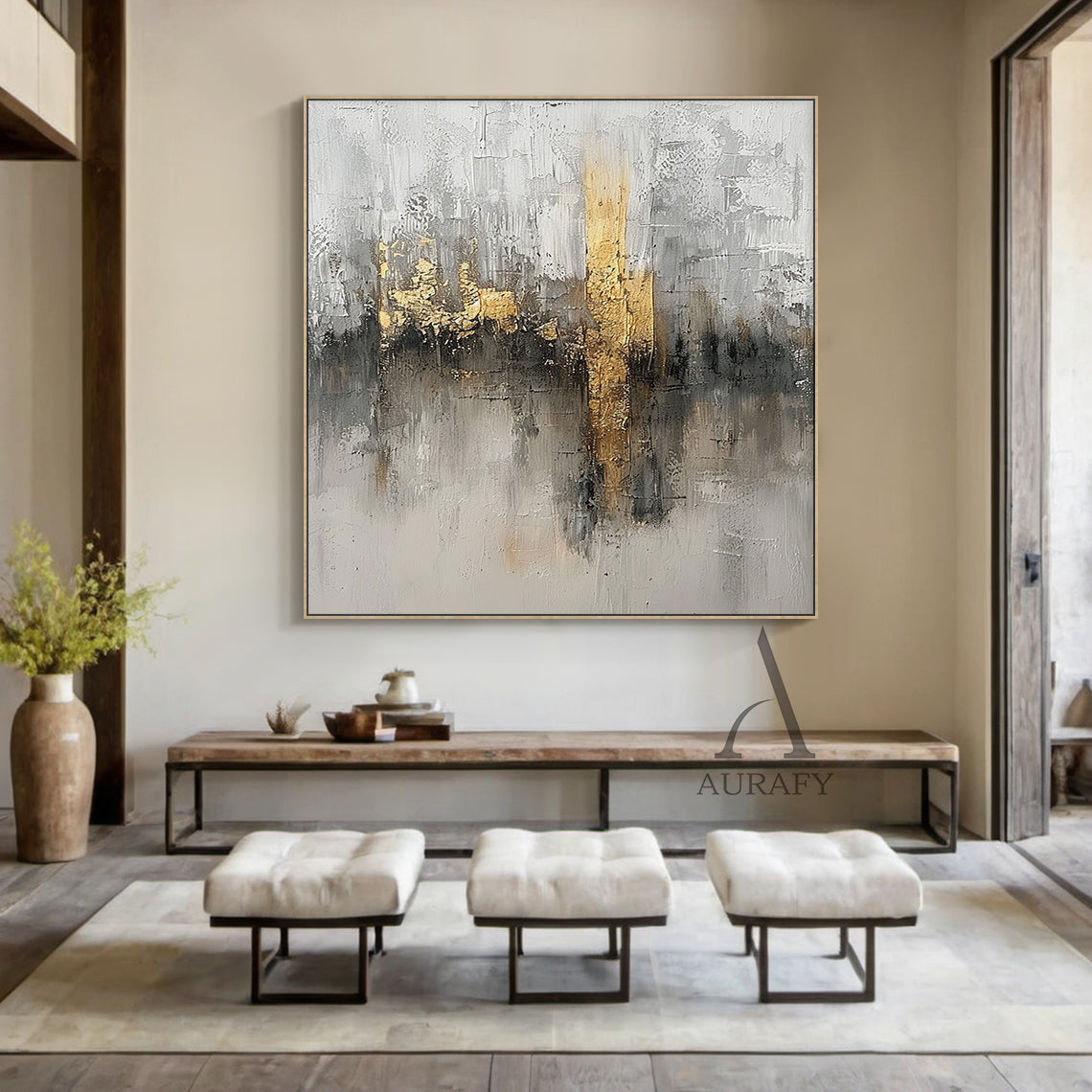 Abstract Gray White Gold Art with Knife Strokes Tactile Sculpted Minimalist Luxe Canvas AURA497