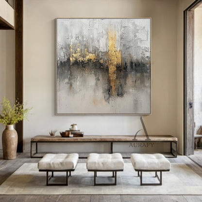 Abstract Gray White Gold Art with Knife Strokes Tactile Sculpted Minimalist Luxe Canvas AURA497