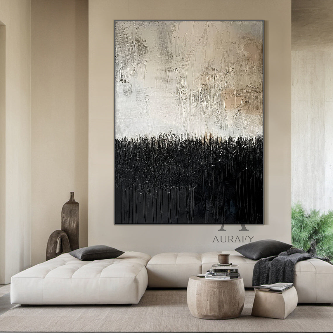 General Abstract Art White Beige Black Scratch Mottled Texture Paint Drips Modern Organic AURA482