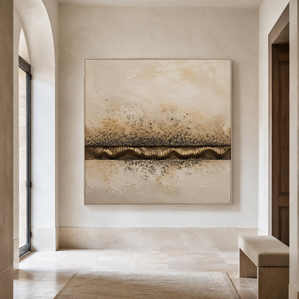 Wabi-Sabi Plaster Textured Painting Japandi Neutral Beige Brown Abstract Sculpted Canvas Gold Accent Tactile Wall Art AURA765