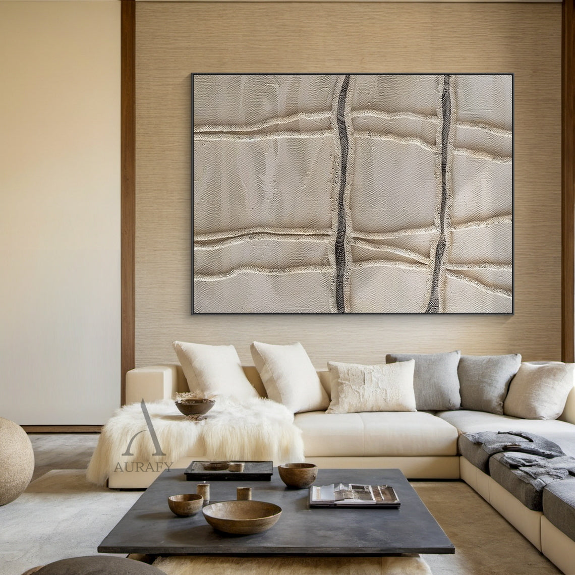 3D Textured Beige Wabi-Sabi Plaster Sculpted Canvas Japandi Minimalist Tactile Neutral Abstract Wall Art AURA787