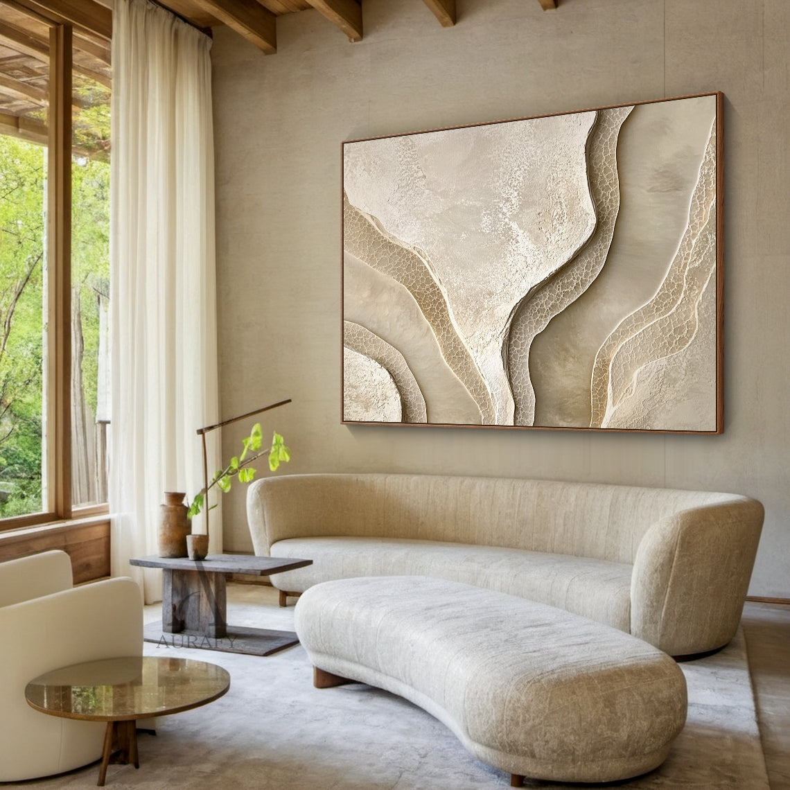 Beige Abstract Landscape Art Tactile High-Relief Plaster Sculpted Canvas Modern Organic Piece AURA439