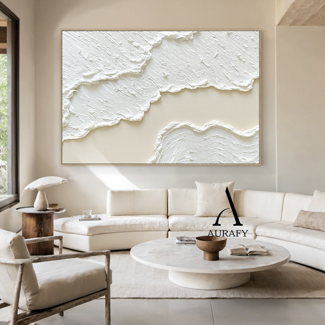 3D Textured Painting White Beige High-Relief Plaster Tactile Surface Wabi-Sabi Modern Organic Artwork AURA512