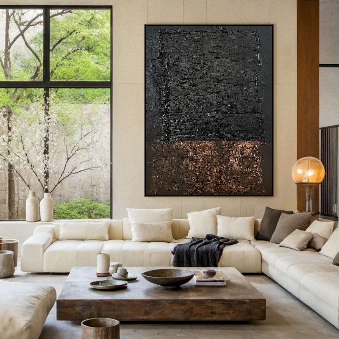 Wabi Sabi Black Brown Abstract Art with Thick Paint Distressed Edges Tactile Surface AURA579