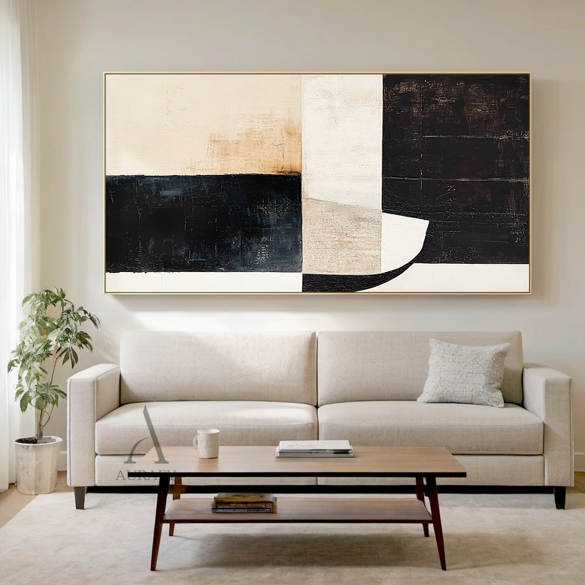 Beige, Black & Ivory Geometric Abstract Wall Art - AURA816
