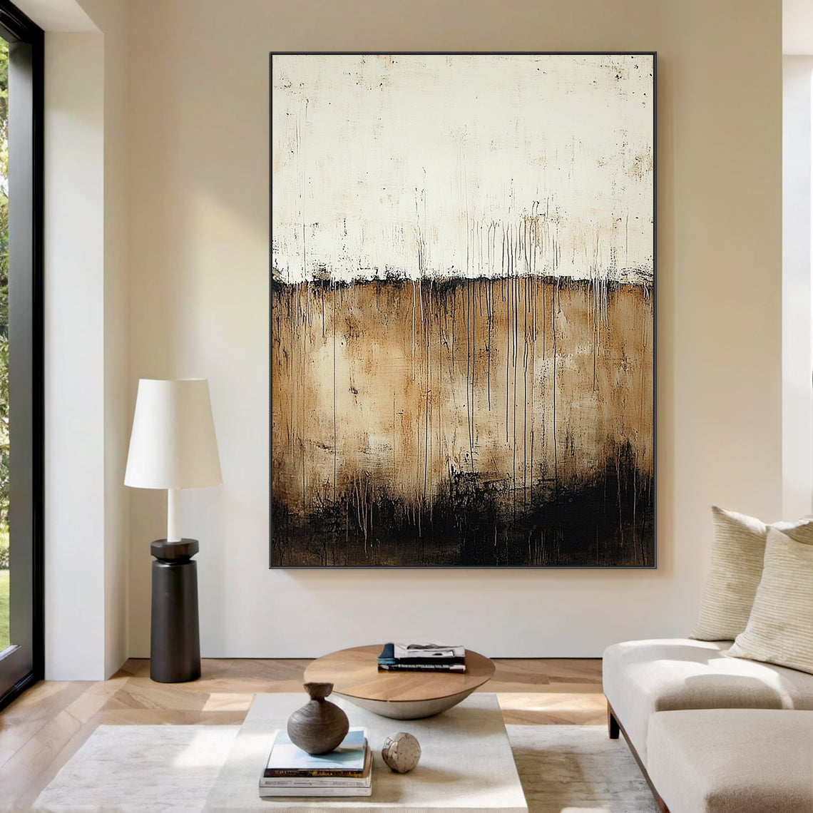 Wabi Sabi Beige Brown Plaster Textured Artwork with Drip Lines Tactile Organic Surface AURA589
