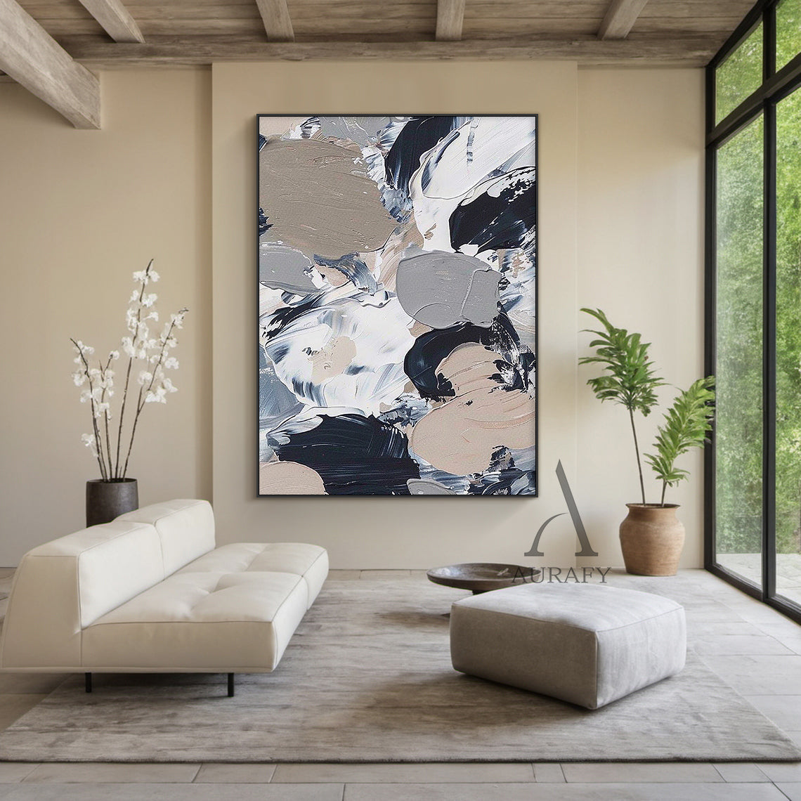 General Abstract Wall Art with Tactile Impasto Texture White Black Beige Modern Organic Design AURA478