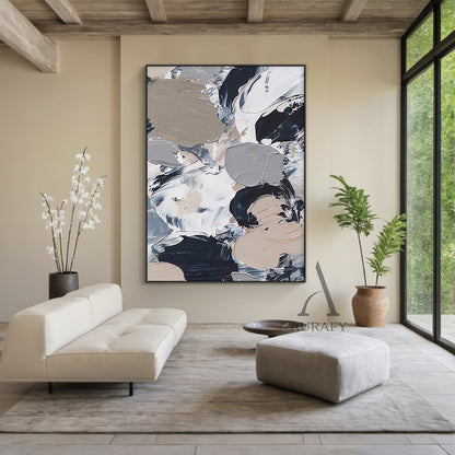 General Abstract Wall Art with Tactile Impasto Texture White Black Beige Modern Organic Design AURA478
