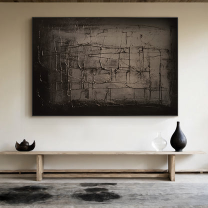Textural Grid Painting – Deep Charcoal Canvas – AURA019(Horizontal)