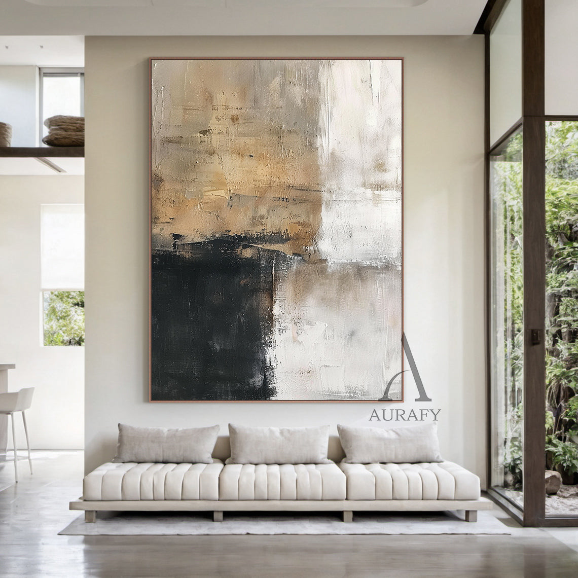 Abstract Neutral Wall Art Impasto Brushstrokes Scraped Tactile White Brown Black Modern Textured Canvas AURA503