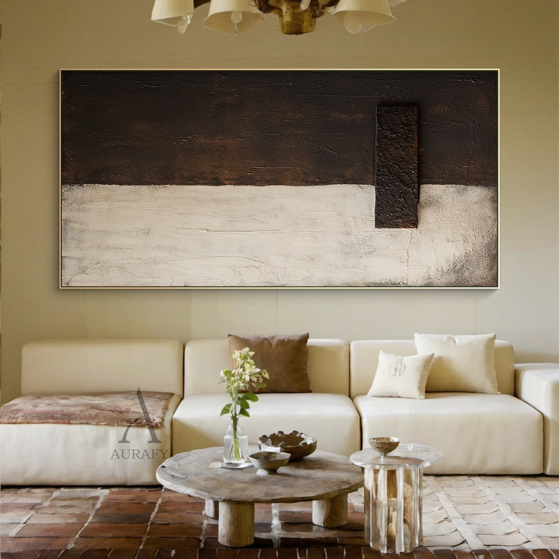 Beige and Brown Minimalist Painting with a Coarse Crossbar - AURA842