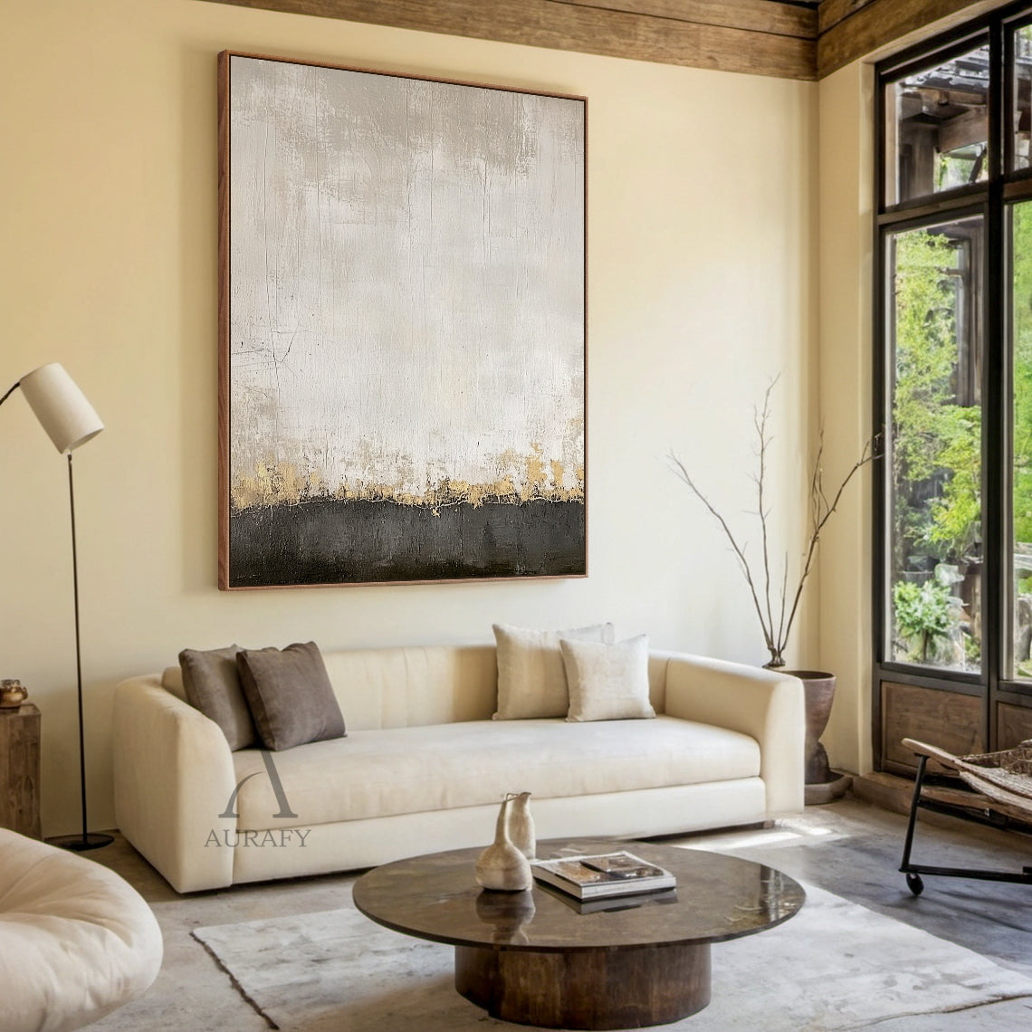 Ivory and Charcoal Abstract Horizon Wall Art - AURA694
