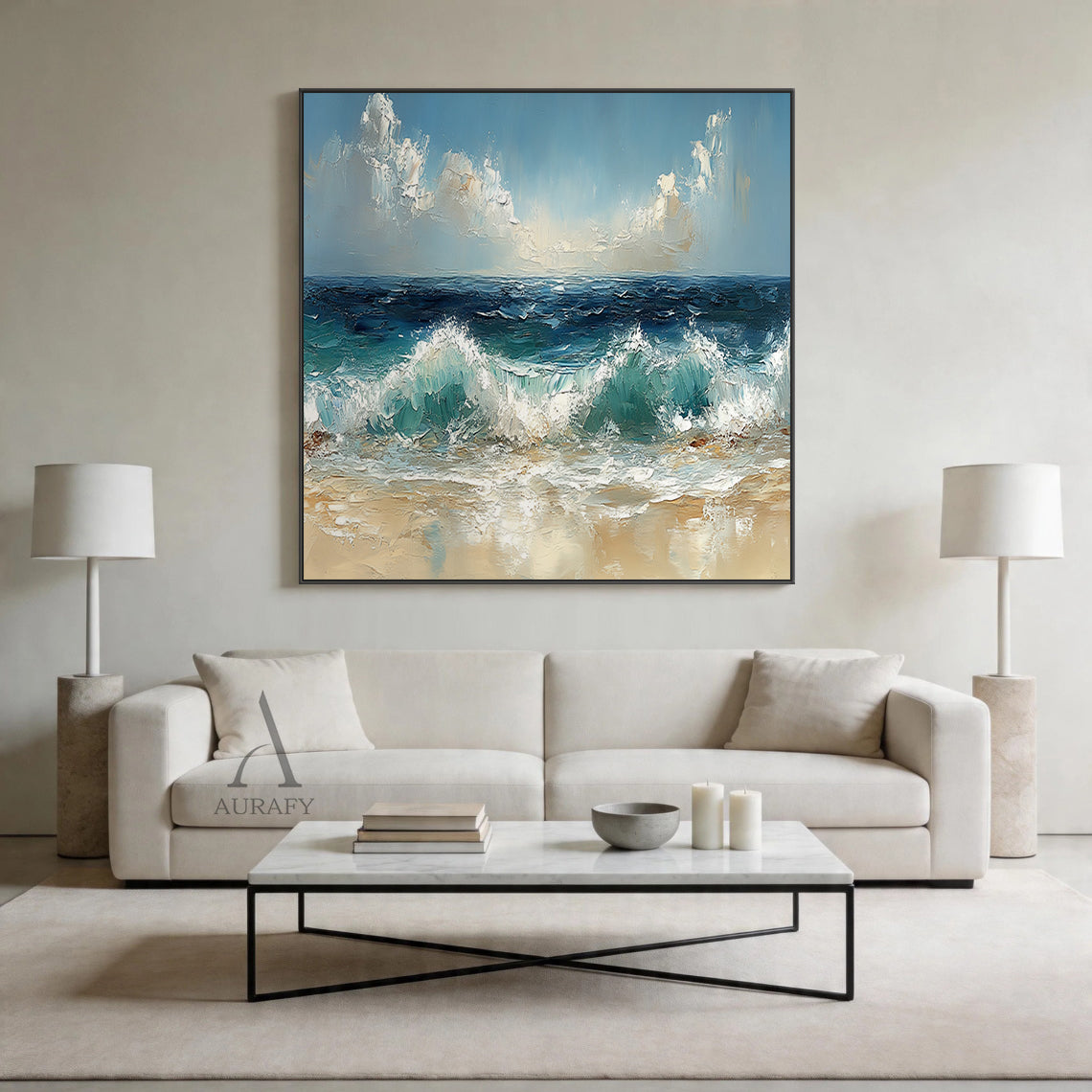 Unique 3D Textured Blue Beige Painting Modern Home Wall Decor AURA402