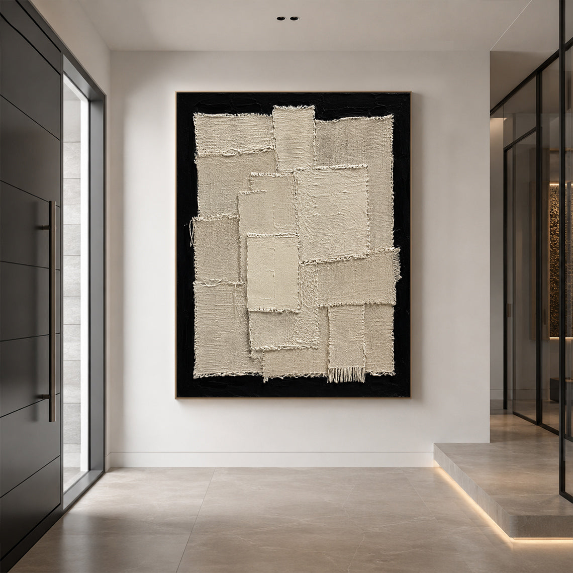 Wabi-Sabi Japandi 3D Textured Black Beige Sculpted Canvas Plaster Tactile Fringe Minimalist Abstract Painting AURA759