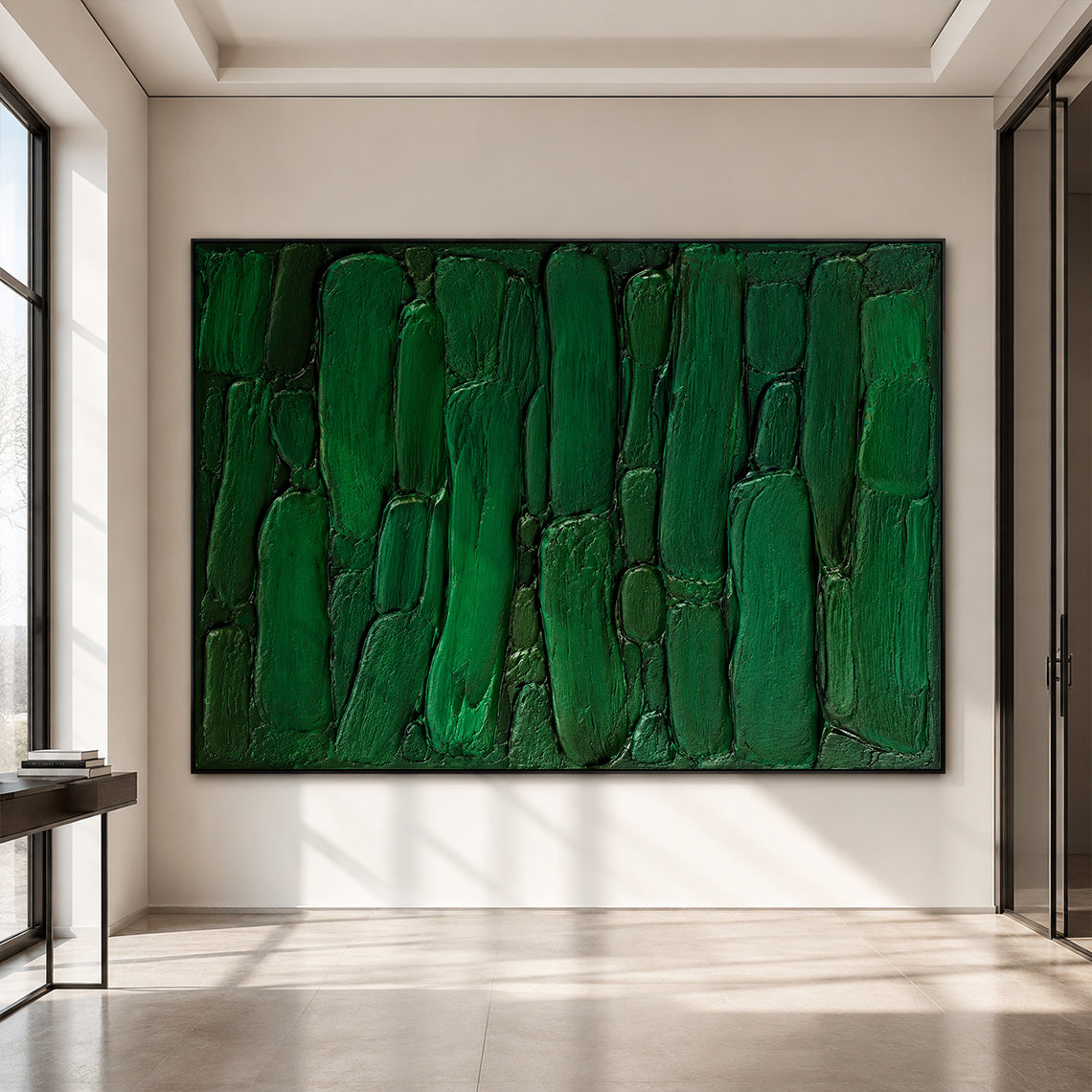 Green 3D Textured Painting Plaster Impasto Knife Stroke Wabi-Sabi Sculpted Canvas Minimalist Luxe Wall Art AURA762