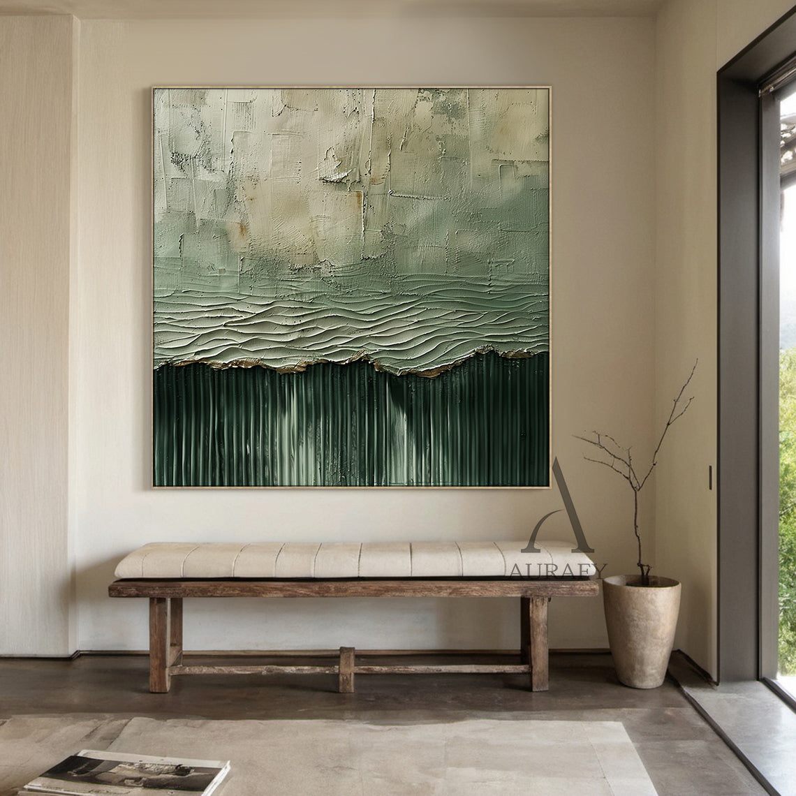 General Abstract Green Textured Art Vertical Flow Wave Thick Coat Copper Accents Worn Surface AURA508