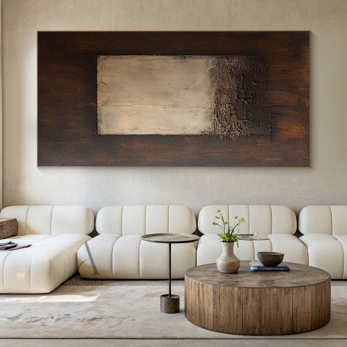 Beige Abstract Panel on Brown with a Craggy Textured Transition - AURA835