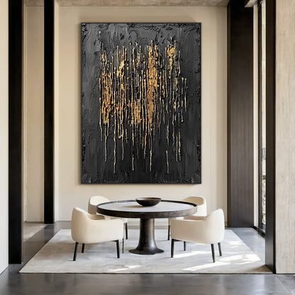 Metallic Drip Texture Canvas-Charcoal & Gold Accents-AURA031