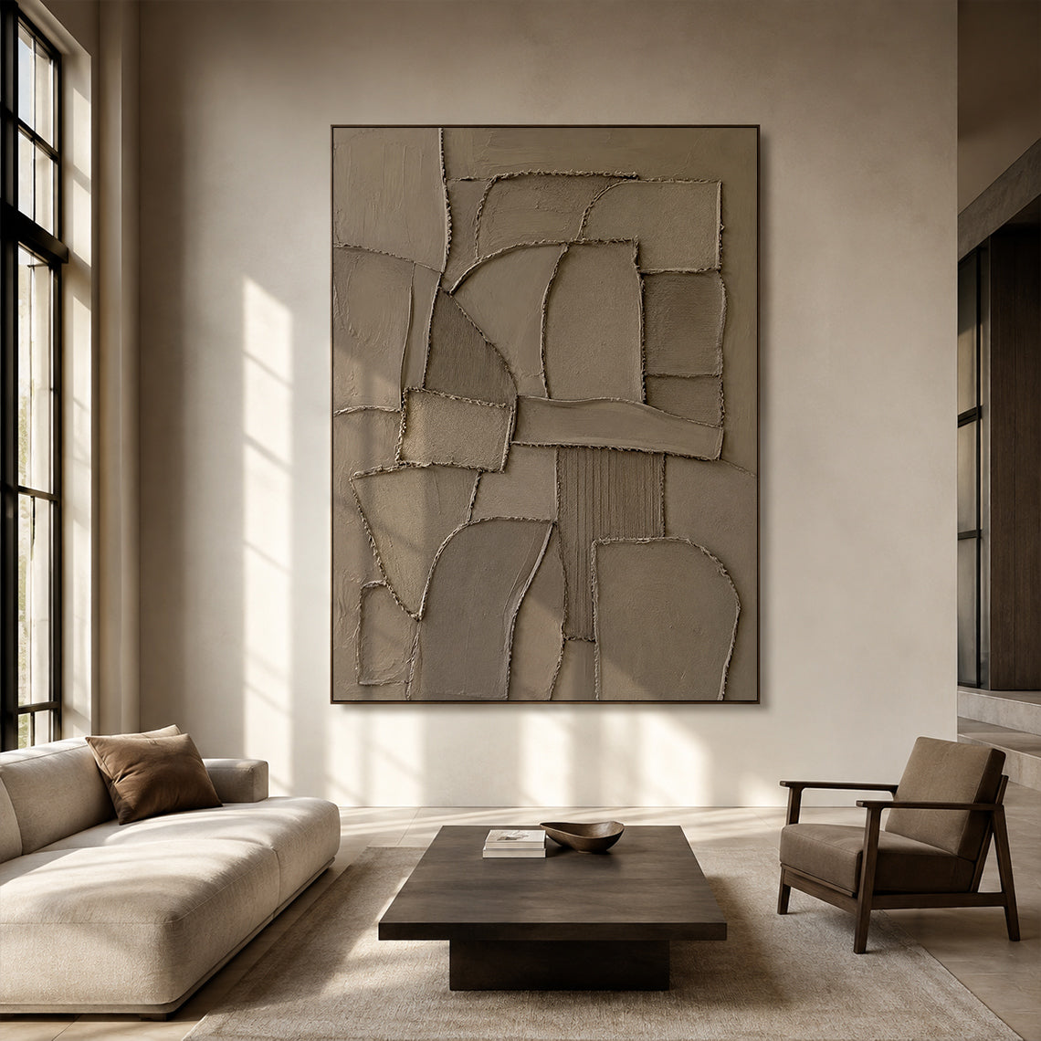 Brown 3D Textured Plaster Wall Art Japandi Wabi Sabi Geometric Sculpted Canvas High Relief Artwork AURA773
