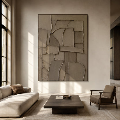 Brown 3D Textured Plaster Wall Art Japandi Wabi Sabi Geometric Sculpted Canvas High Relief Artwork AURA773