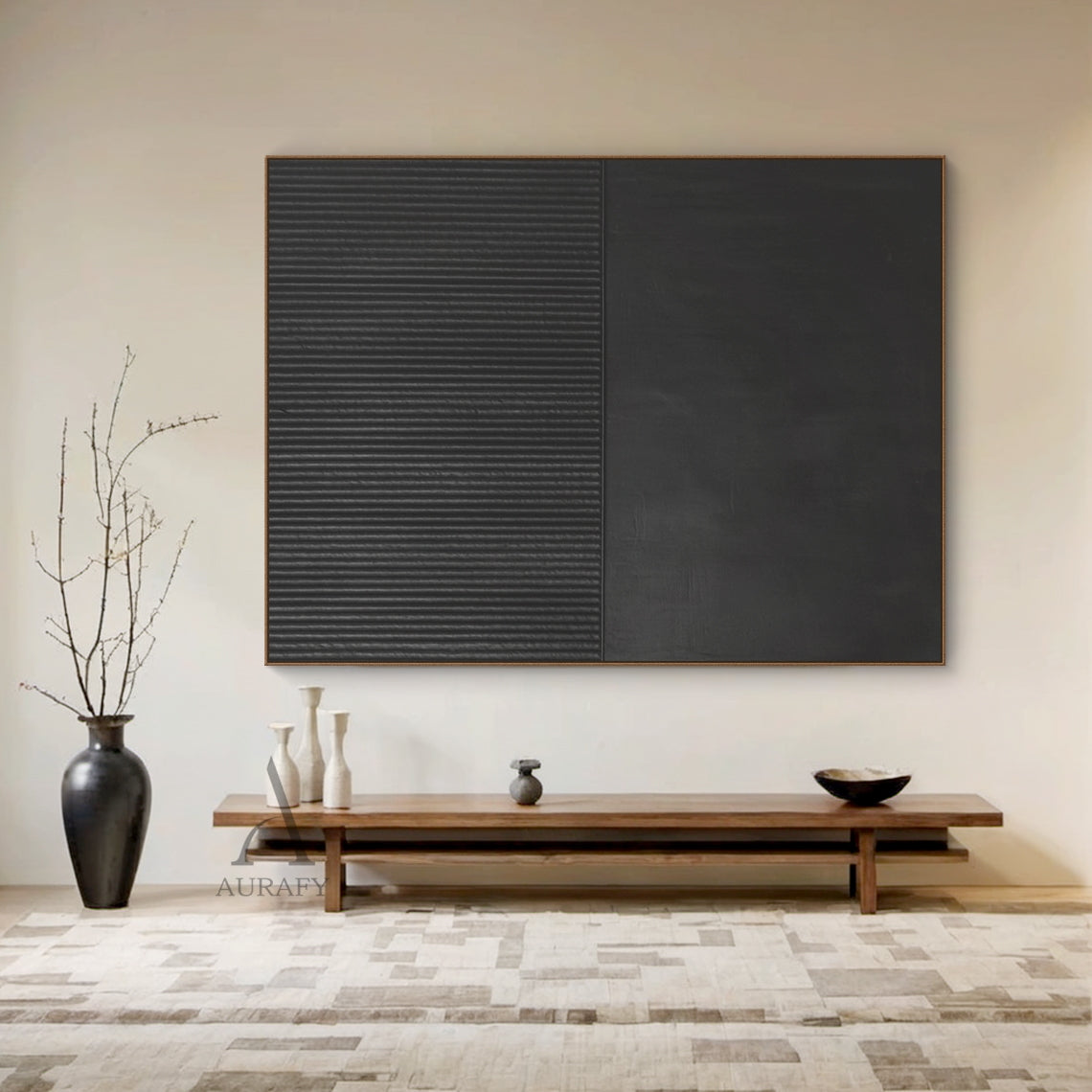 Minimalist Black Wall Art with Vertical Ribbed Texture and Smooth Matte Surface for Modern Spaces AURA455