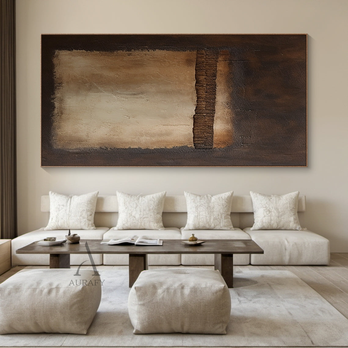 Brown Abstract Painting with a Pale Panel and Ribbed Band - AURA833