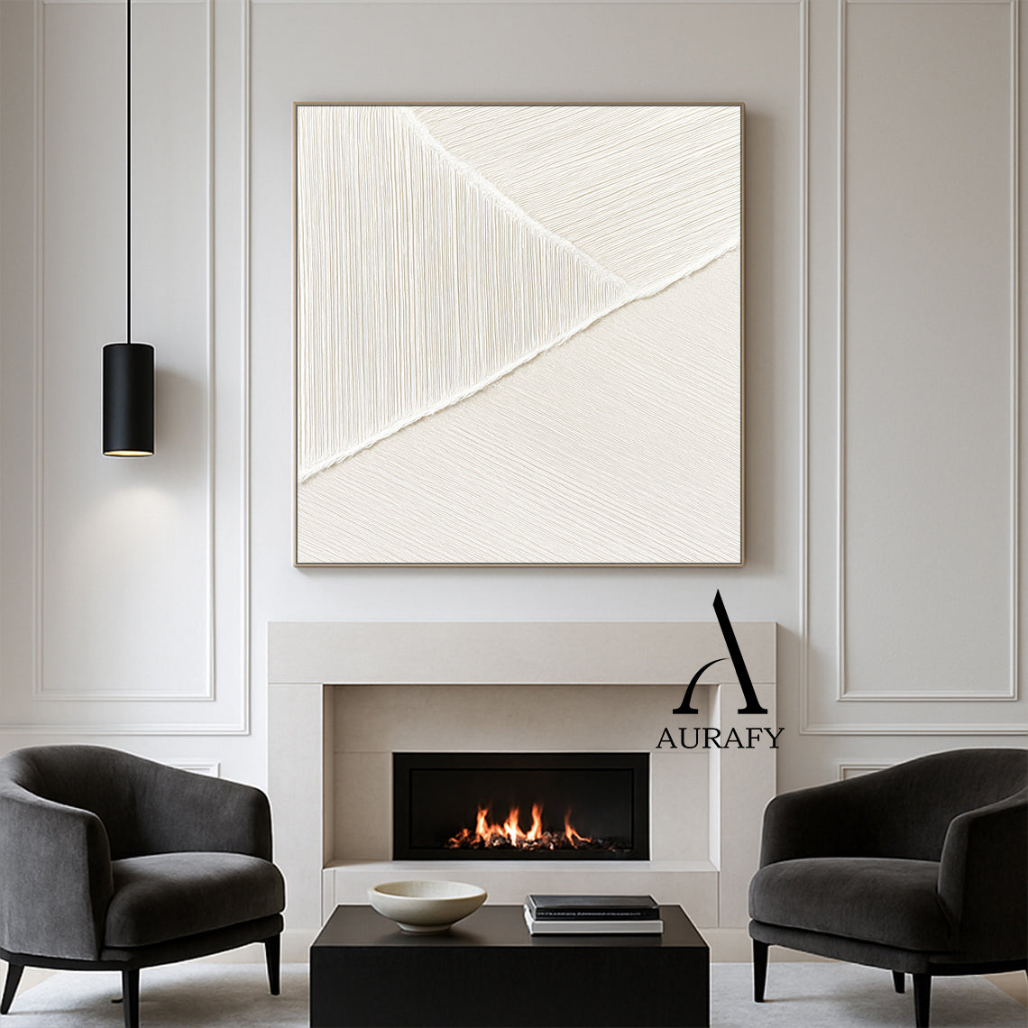 Minimalist Wall Art Beige White Tactile Vertical Texture Geometric Split Fabric Wall Decor AURA547