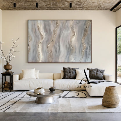 Wabi Sabi Abstract Art Impasto Textured Gray Beige Tactile Wave-Like Handcrafted Organic Canvas AURA560