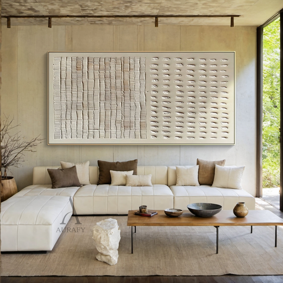 Set of 2 Beige & Black Wabi Sabi Abstract Wall Art | Cracked Plaster Japandi Panels | AURA806
